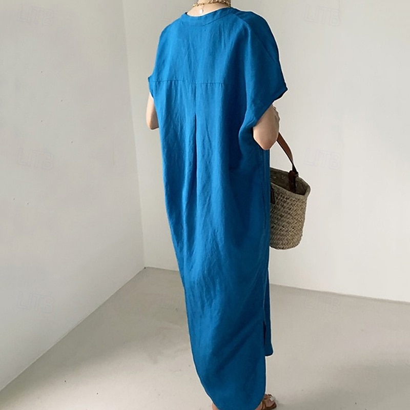 Per donna Abito Lungo Maxi Abito Abiti ispirati al lino Vestito Casual Abito in cotone e lino Elegante Casual Vacanza Quotidiano Data Vestibilità regolare Semplice Manica Corta Scollo a V Blu Estate del 2025 a $26.99 –P6