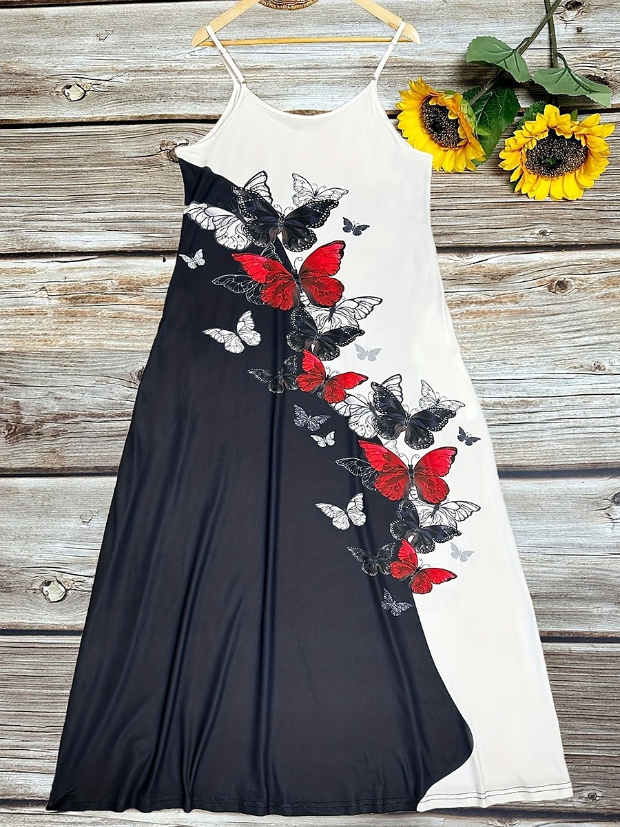Damskie Sukienka midi Codzienne sukienki Sukienka A line Letnie sukienki Sukienka na ramiączkach Elegancki Codzienny Urlop Codzienny Regularny Motyl Bez rękawów Dekolt w kształcie litery U Czarny Lato 2025 - $28.99 –P2