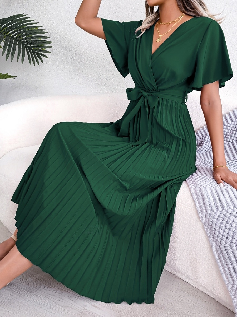 Mulheres Vestido midi Vestido casual Vestido A Line à moda Básico Casual Férias Diário Normal Tecido Manga Curta Decote V Vermelho Verde Verão Primavera de 2025 por $38.99 –P11