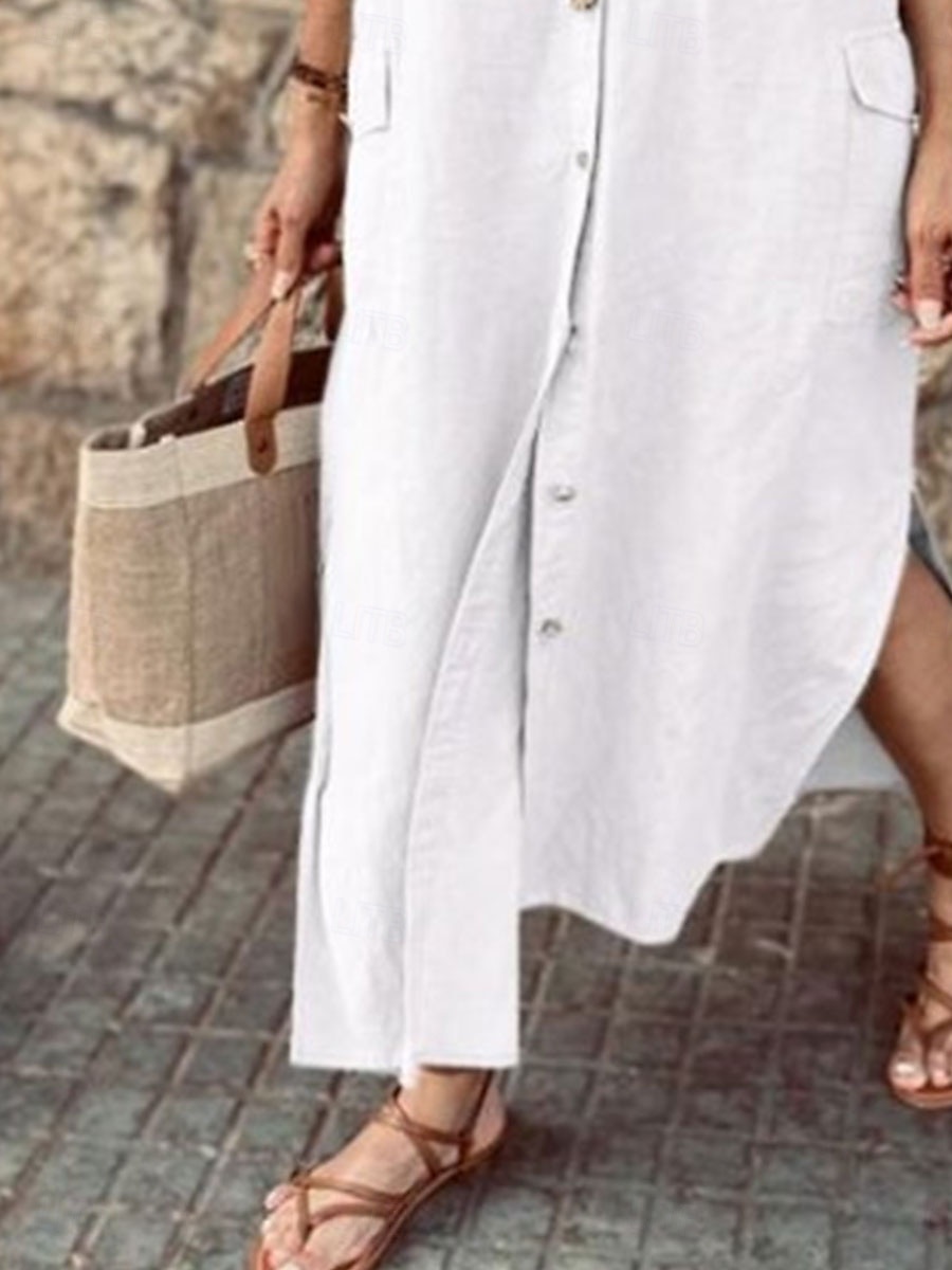 Жен. Длинное платье Платья из хлопка и льна Повседневное платье Элегантный стиль Стиль Классический Отпуск Повседневные Свидание Свободное облегание Полотняное плетение Длинный рукав 2025 - $36.99 –P3