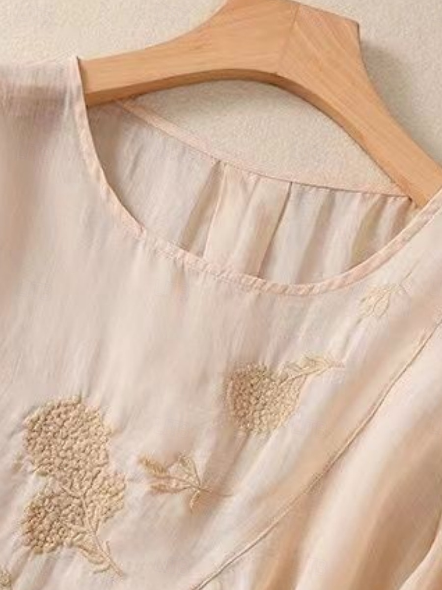 Dame Skjorte Bluse Skjorter i bomullslin Helfarge Grunnleggende Fritid 3/4 ermer Crew-hals Vanlige topper Daglig Broderi Hvit Rosa Blå Kakifarget Sommer Vår 2025 - $21.99 –P8