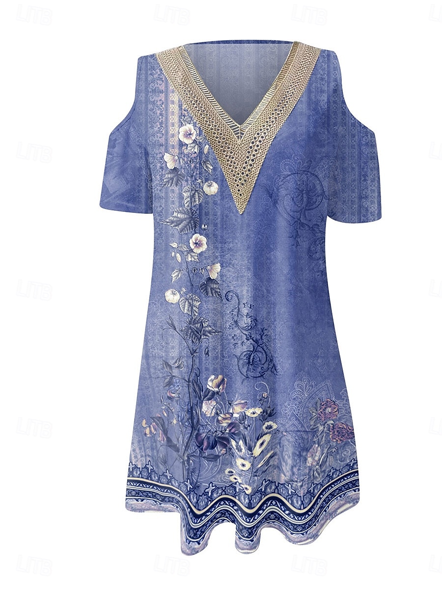 Dame Lang kjole Maxikjole Kjole med A-linje Boho-kjole Elegant Stilfull Fritid Feriereise Daglig Normal Blomstret Kortermet V-hals Rød Blå Lilla Grønn Sommer Vår 2025 - $21.99 –P7
