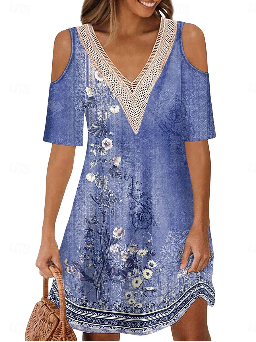 Dame Lang kjole Maxikjole Kjole med A-linje Boho-kjole Elegant Stilfull Fritid Feriereise Daglig Normal Blomstret Kortermet V-hals Rød Blå Lilla Grønn Sommer Vår 2025 - $21.99 –P6