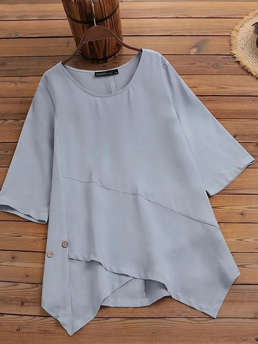 Women's Blouse Solid Color Elegant Stylish Casual Short Sleeve Crew Neck Regular Tops Work Daily Going out Asymmetric Hem Dusty Blue Gray Summer Spring 2025 - $26.99 –P7