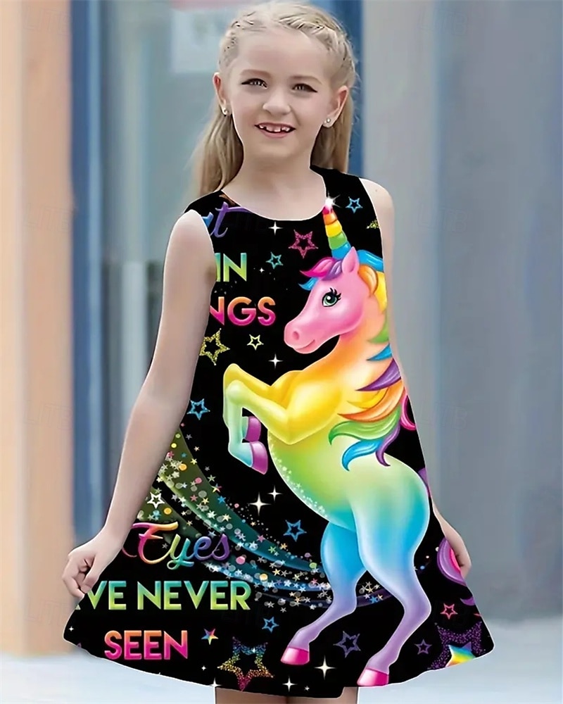 Girls ' 3D Grafika Jednorožec Šaty Bez rukávů Léto Jaro Dovolená Denní Princeznovské Krásná Sladký Děti 4-12 let Volnočasové šaty Áčkové šaty Délka ke kolenům Běžný 2025 - $13.99 –P1