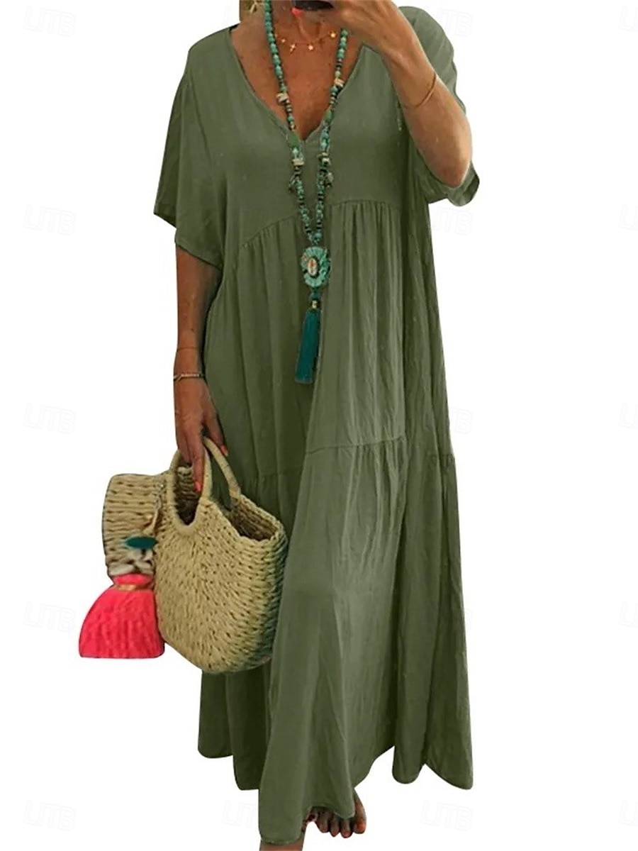 Damen Maxikleid Baumwoll-Leinen-Kleider Freizeitkleid Basic Lässig Urlaub Täglich Lässiger Schnitt Einfach Kurzarm V Ausschnitt Orange Grün Khaki Dunkelblau Sommer Frühling 2025 - $28.99 –P8