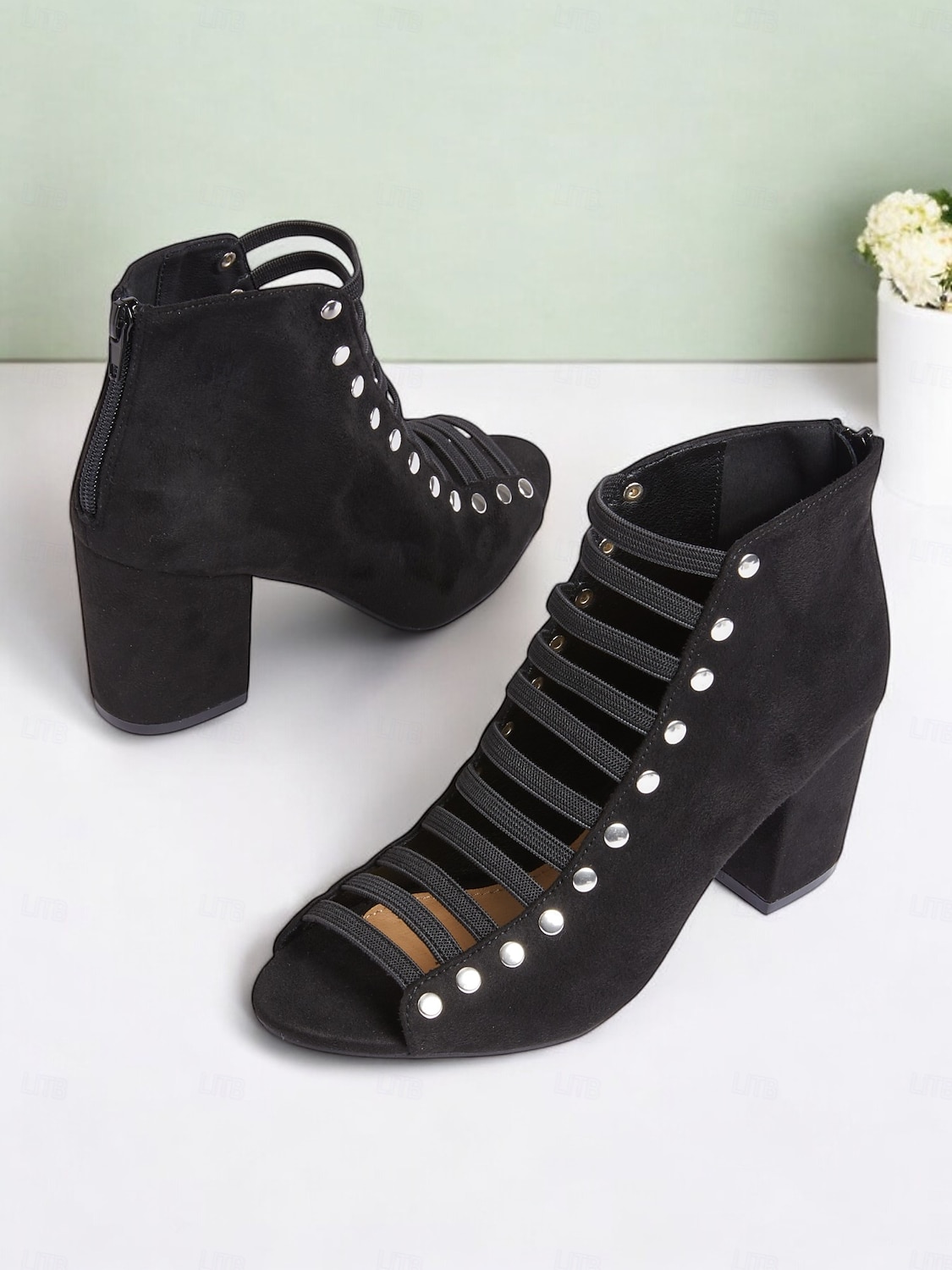 γυναικεία μαύρα πέδιλα με λουράκια με τακούνι με λεπτομέρειες με καρφιά – μοντέρνο σχέδιο peep-toe για ρούχα γραφείου και πάρτι 2025 - $54.99 –P2