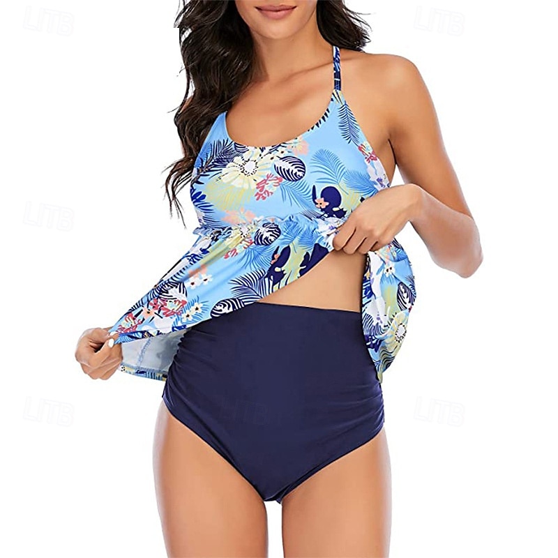 Femme Tankini Maillot De Bain Deux Pièces Dos Nu Maillots de Bain Floral Maillots de Bain Bleu Ciel Noir Respirable Séchage rapide Poids Léger Sans Manches - Natation Surf Plage Eté Printemps de 2025 ? $15.99 –P9