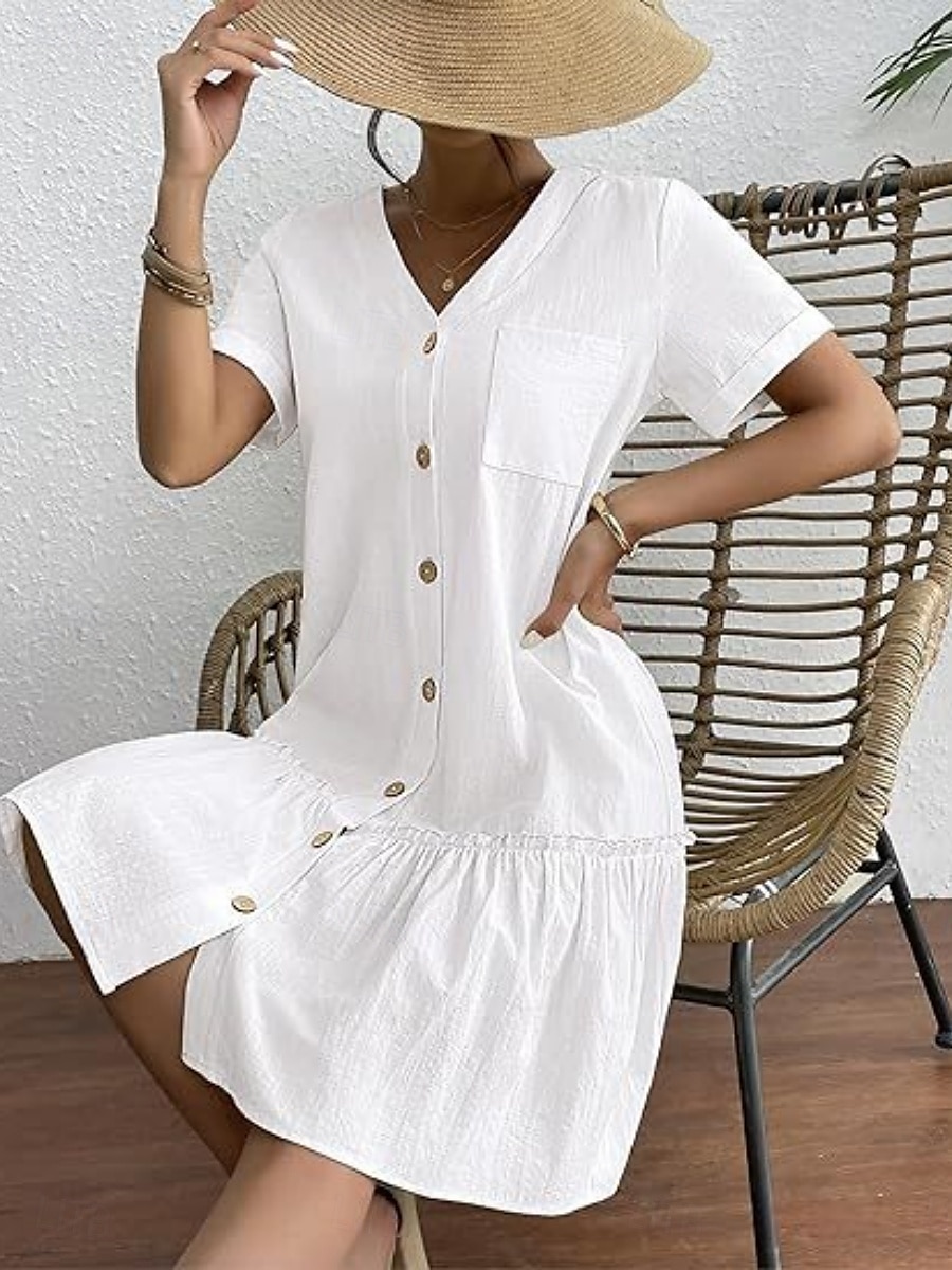 Femmes Mini Robe Robes en coton et lin Élégant Basique Occasionnel Quotidien Coupe régulière Uni Manche Courte Col en V Blanche Jaune Été de 2025 ? $22.99 –P3