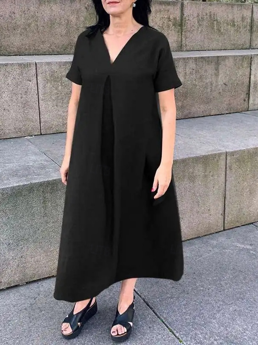 Pentru femei Rochie Maxi Rochii de in bumbac Rochie casual Rochie leagăn Rochie maxi din bumbac De Bază Casual Vacanță Zilnic Fit regulat Simplu Manșon scurt În V Negru Trifoi Vară 2025 - $32.99 –P2