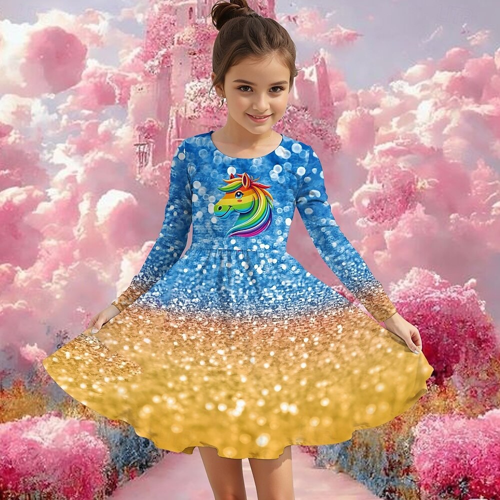 Flickor 3D Grafisk Enhörnings Klänning Långärmad Sommar Vår Semester Dagligen Helgdag Prinsessa Skön Ljuv Barn 4-12 år Vardagsklänning A linjeklänning Knälång Normal 2025 - $16.99 –P2