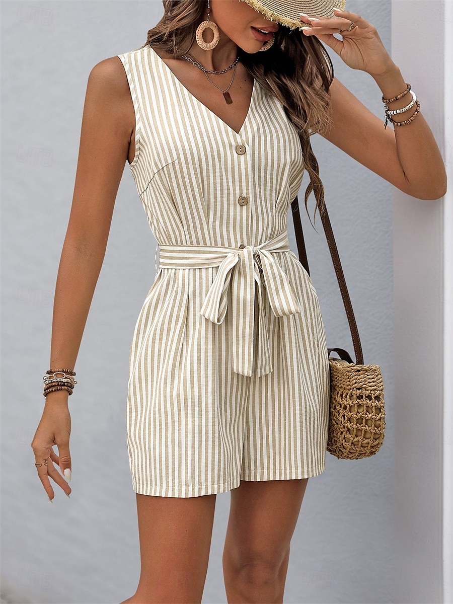 Femme Normal Combishort Actif Rayé Sans Manches Col V Boutons Poche Vacances du quotidien Ample Kaki Bleu clair Eté de 2025 ? $31.99 –P3