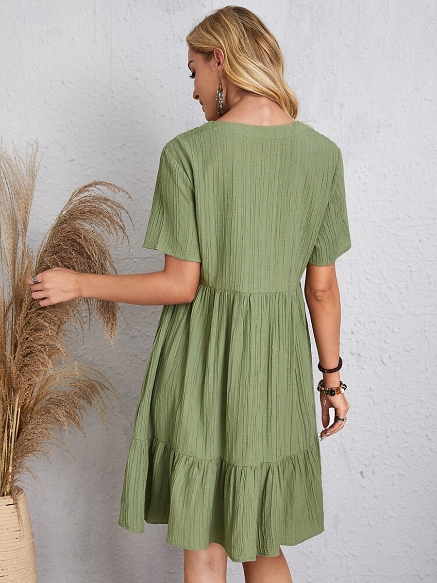 abito da lavoro da donna abito casual abito a trapezio elegante da ufficio quotidiano abito lungo abito lungo patchwork scollo a V manica corta tinta unita vestibilità regolare nero rosa rosso estate del 2025 a $21.99 –P11