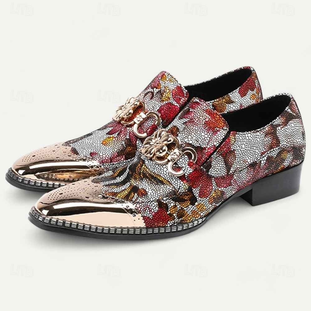 läderloafers med blommigt tryck för män – slip-on klänningskor i premiumkohud med metallkedja och glänsande tåhätta för fester och högtidliga tillfällen 2025 - $119.99 –P1