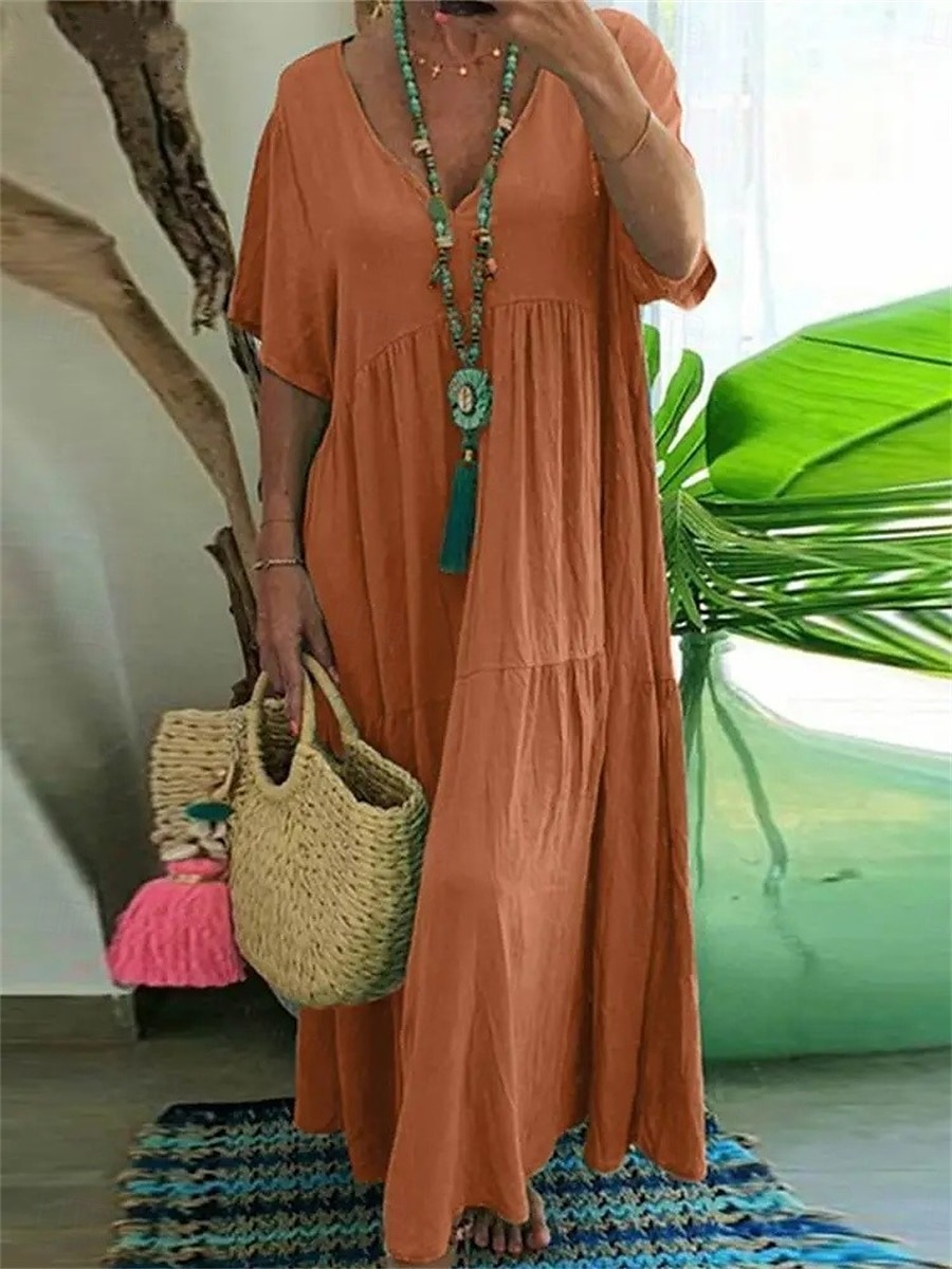 Damen Maxikleid Baumwoll-Leinen-Kleider Freizeitkleid Basic Lässig Urlaub Täglich Lässiger Schnitt Einfach Kurzarm V Ausschnitt Orange Grün Khaki Dunkelblau Sommer Frühling 2025 - $28.99 –P10