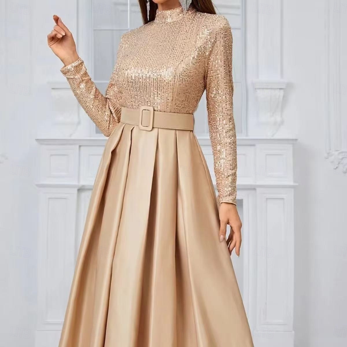 Rochie de seară tip A-Line rochie elegantă pentru petrecere rochie formală de gală cu lungime până la podea cu mânecă lungă cu gât rigid curea/sasch din amestec de bumbac cu spate cowl cu butoane 2025 - $167.99 –P4