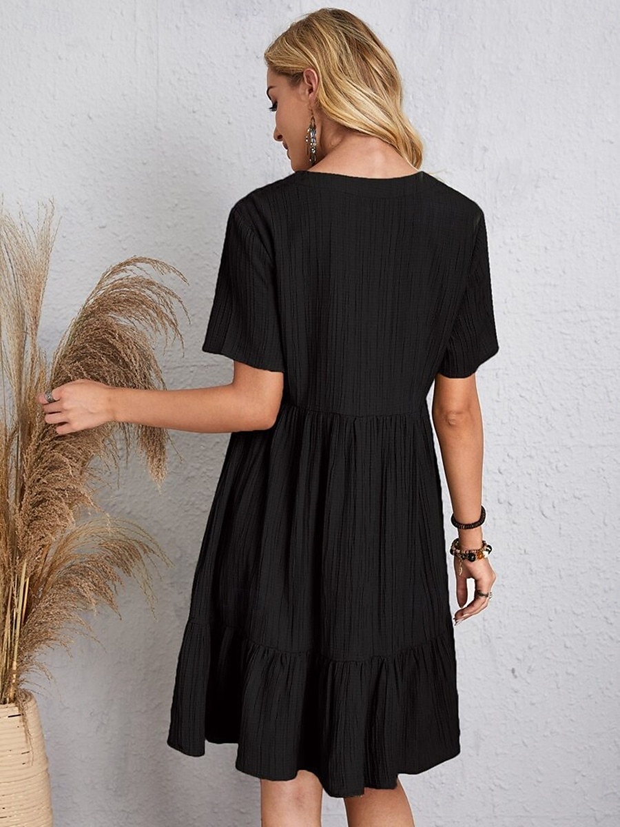 abito da lavoro da donna abito casual abito a trapezio elegante da ufficio quotidiano abito lungo abito lungo patchwork scollo a V manica corta tinta unita vestibilità regolare nero rosa rosso estate del 2025 a $21.99 –P5