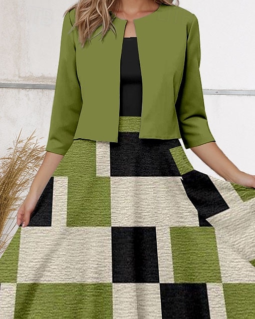 Damen Zwei-Teiler Kleid Sets Midi Kleid mit Jacke Elegantes A-Linien Kleid Halbarm Druck Kleid Vintage Farbblock Geometrischer Druck 3/4 Länge Ärmeln Rundhals Alltag Grün Frühling Herbst Regelmäßige 2025 - $36.99 –P2