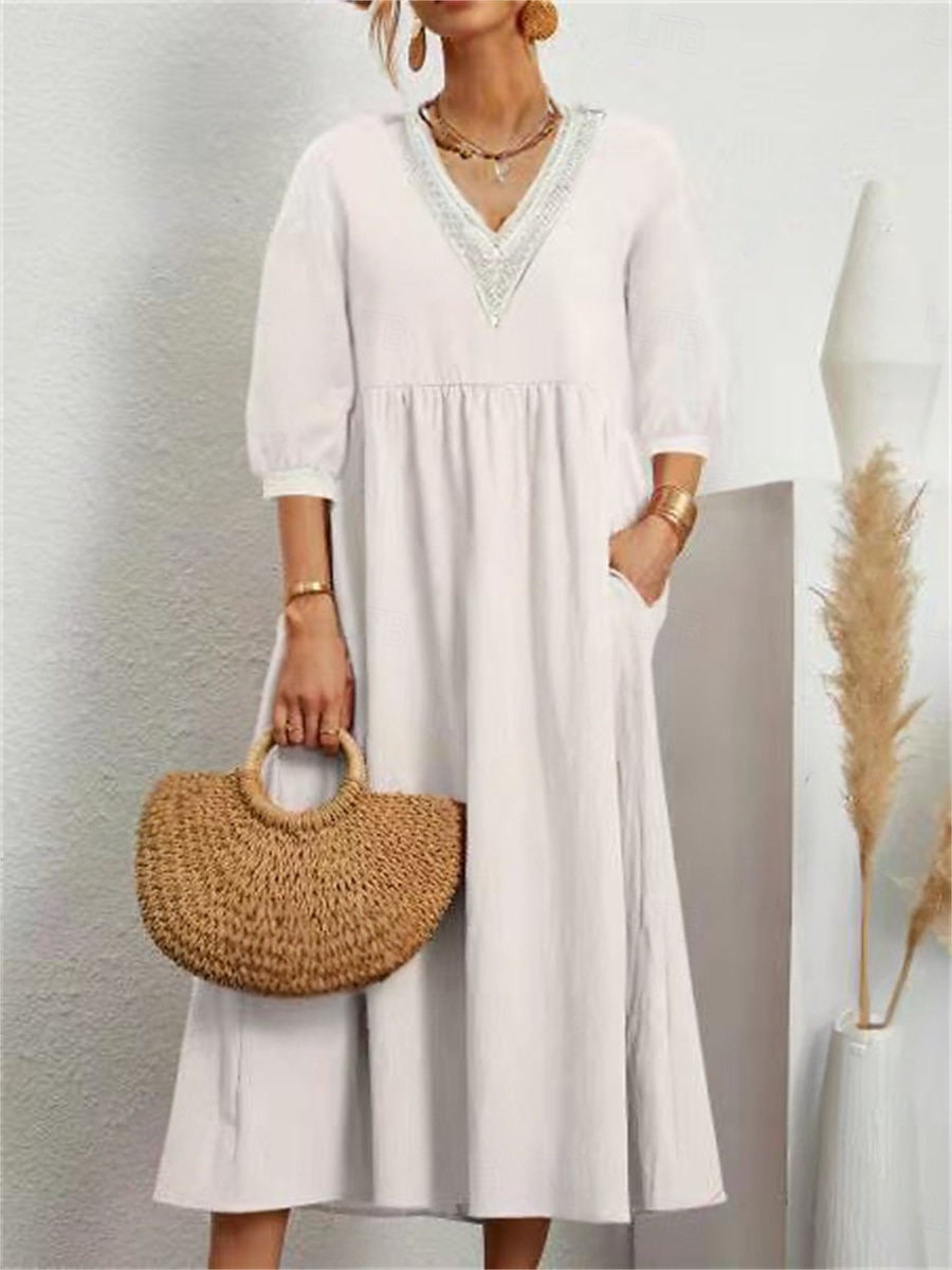 Women's Midi Dress Elegant Vintage Stylish Lantern Sleeve Vacation Daily Regular Fit Plain 3/4 Length Sleeve V Neck Black White Summer Spring Fall 2025 - $23.99 –P2