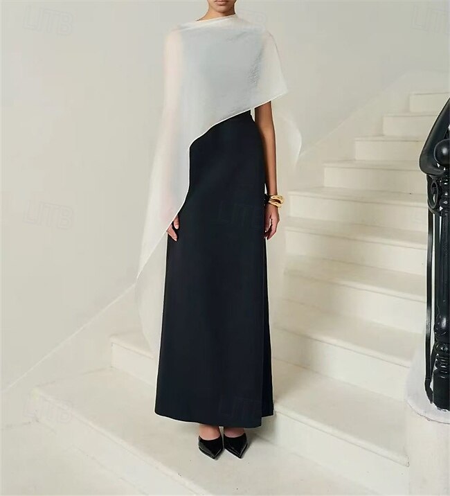 Šaty těsného střihu/sloupec večerní šaty elegantní šaty večerní party černá kravata gala délka k podlaze bez rukávů kulatý výstřih odnímatelná bavlněná směs lněný záda s třásněmi šál 2025 - $159.99 –P5
