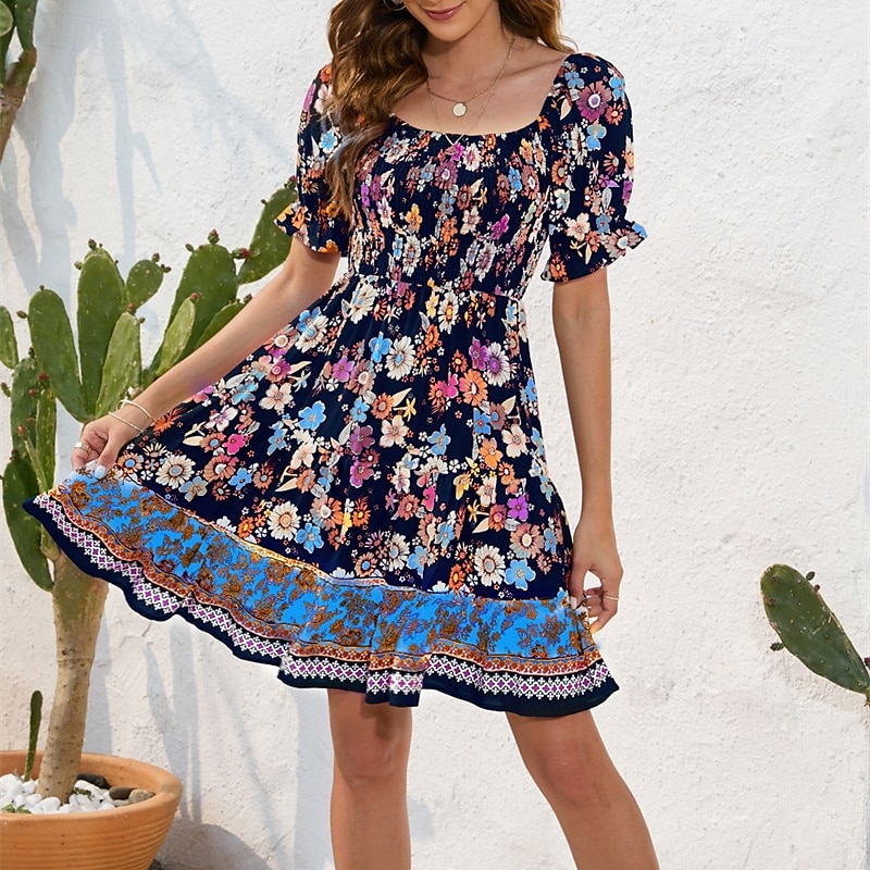 Damen Minikleid Casual kleid Sommerkleid Boho-Kleid Elegant Stilvoll Laternenärmel Urlaub Täglich Verabredung Regular Fit Blumen Kurzarm Quadratischer Ausschnitt Schwarz Rosa Blau Sommer 2025 - $23.99 –P6