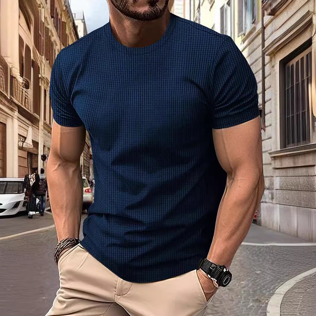 Men's Waffle Tee Cool Shirt Tee Top Short Sleeve Crew Neck Summer Striped Fashion Crewneck Work Office / Career Casual Black White Gray Top Tee for Men 2026 - $22.99 –P1