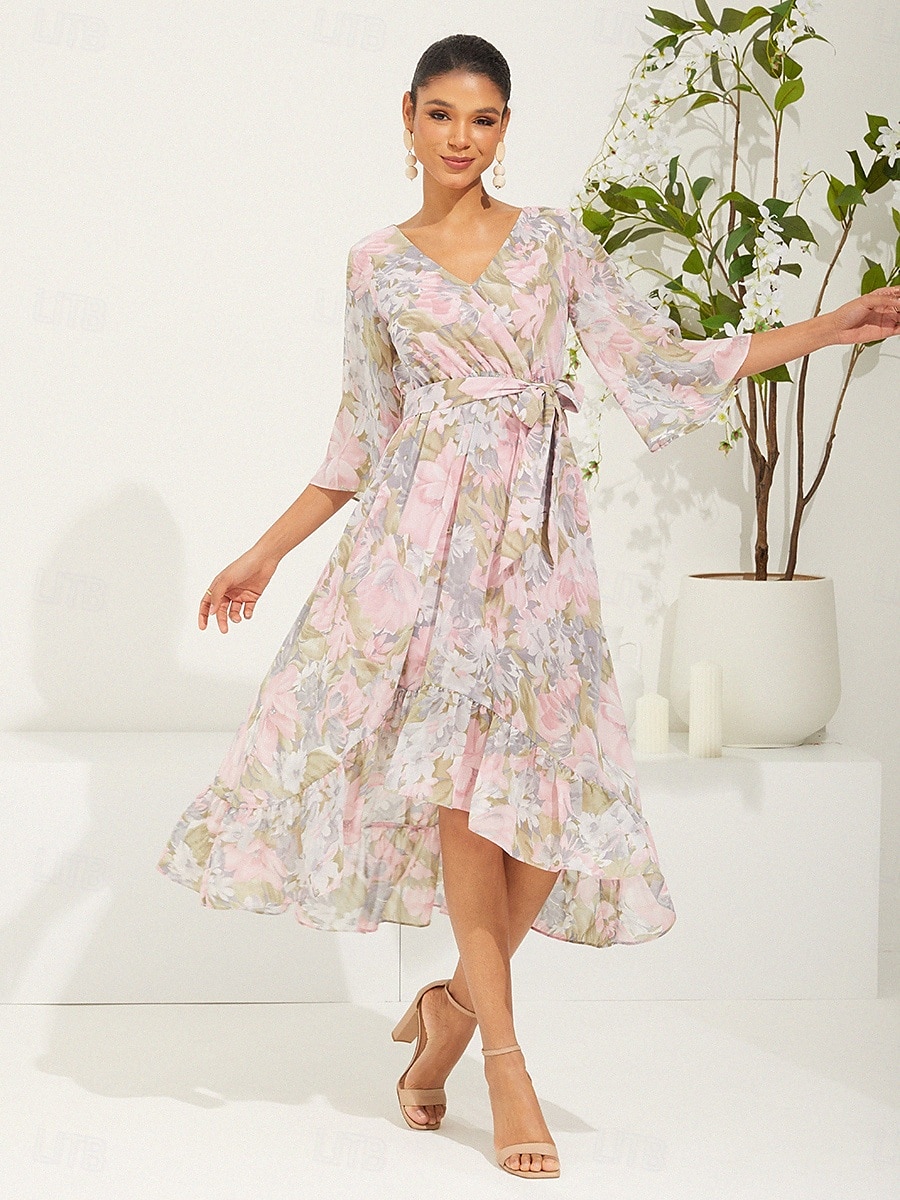 Damen kleid lang Chiffon-Kleid Elegant Stilvoll Flattrige Ärmel Hochzeit Urlaub Täglich Lockere Passform Blumen 3/4 Ärmel V Ausschnitt Rosa Sommer Frühling Herbst 2025 - $61.99 –P5