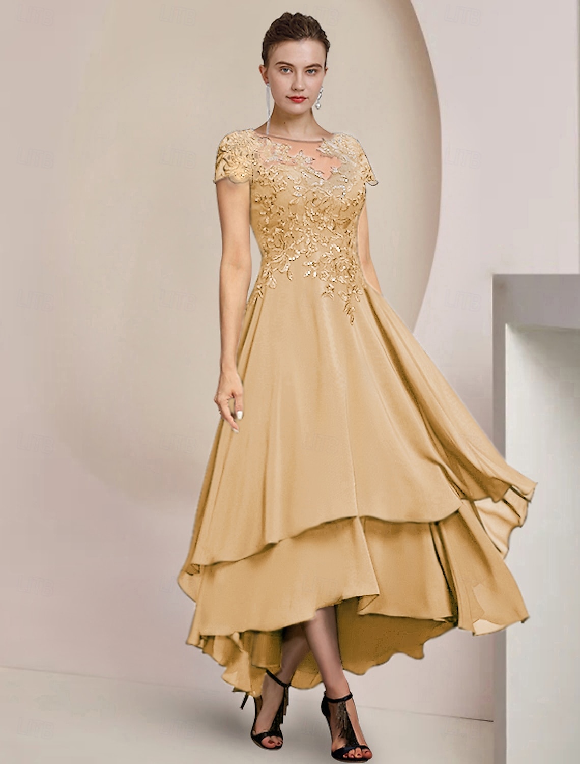 A-Line Mother of the Bride Dress Formal Wedding Guest Elegant High Low Scoop Neck Asymmetrical Tea Length Chiffon Lace Short Sleeve with Sequin Appliques free custom size 2025 - $167.99 –P9