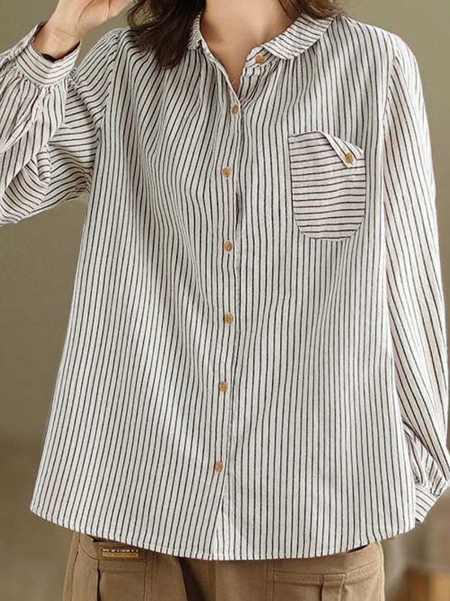 Dames Overhemd Katoenen linnen overhemden Knoop omhoog Blouse Gestreept Stijlvol Casual Lange mouw Overhemdkraag Normale tops Dagelijks Knop Afdrukken Zwart Wit Zomer Lente Herfst 2025 - $25.99 –P5