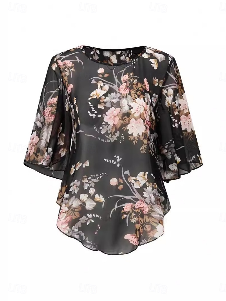 Dame Skjorte Bluse Blomstret Stilfull Fritid 3/4 ermer Crew-hals Vanlige topper Daglig Netting Trykt mønster Svart Sommer 2025 - $21.99 –P3
