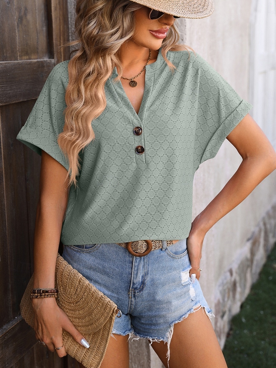 Damen T Shirt T-Shirt Knöpfe Einfach Mode Stilvoll Klassisch Kurzarm V Ausschnitt Normale Oberteile Täglich Ausgehen Wochenende Blau Schwarz Purpur Fuchsie Grün Sommer Frühling 2026 - $21.99 –P13