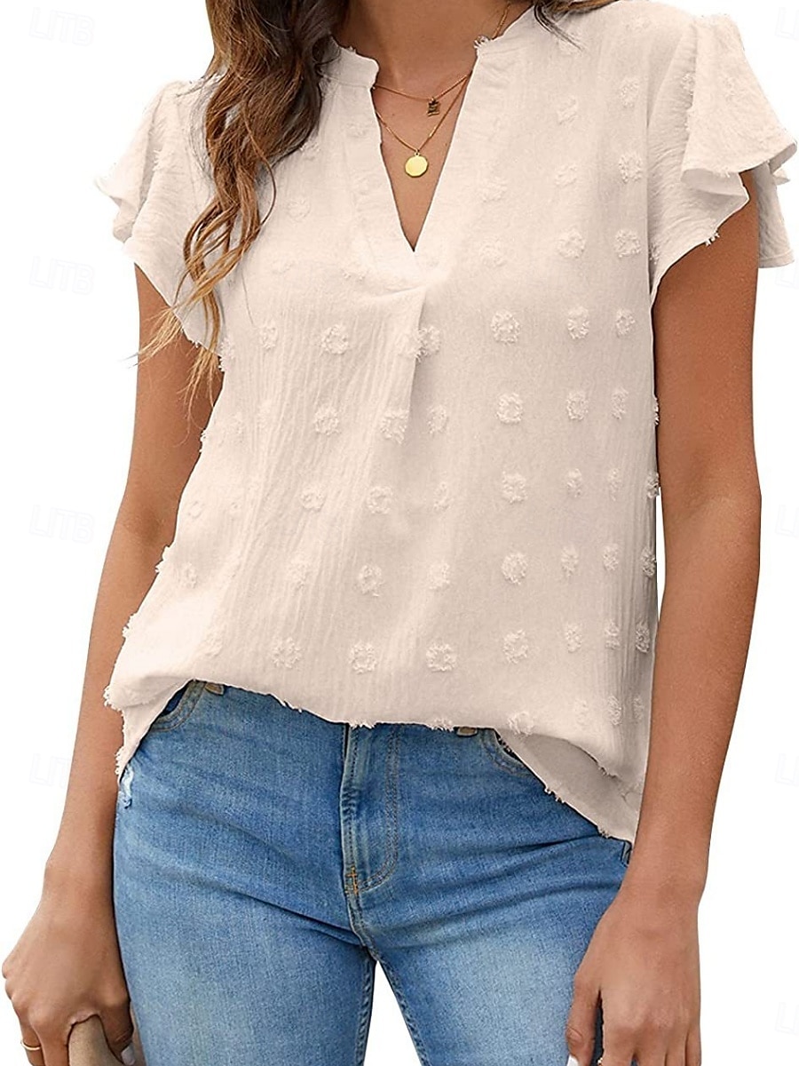 Femme Chemise Chemisier Couleur unie mode Décontractées Manche Courte Col cranté Hauts réguliers du quotidien A Volants Blanche Beige Eté de 2025 ? $23.99 –P5