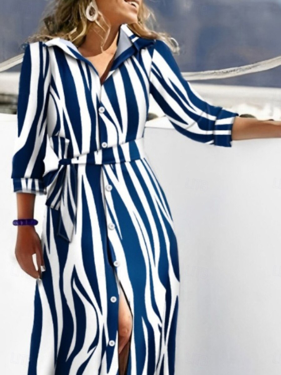 Women's Maxi Dress Shirt Dress Casual Dress A Line Dress Stylish Casual Vacation Daily Regular Fit Stripe Long Sleeve Shirt Collar Navy Blue Blue Summer 2025 - $32.99 –P2