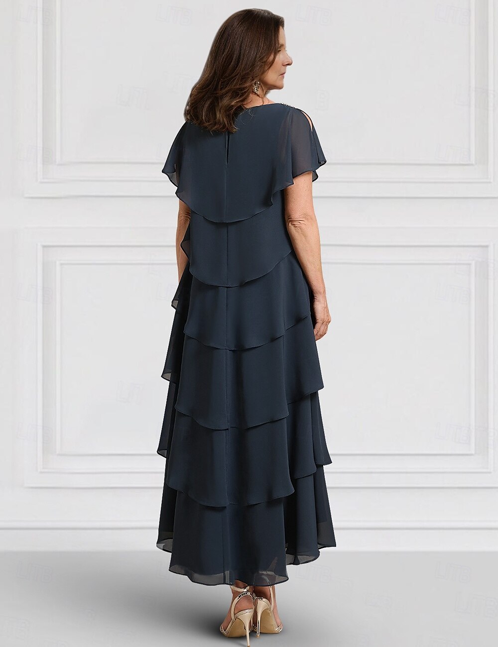 Kék A-vonalú menyasszony anyja ruha esküvői vendég elegáns has elrejtés crew nyak bokáig érő chiffon rövid ujjú csipke réteges esés midi ruha 2025 - $168.99 –P3