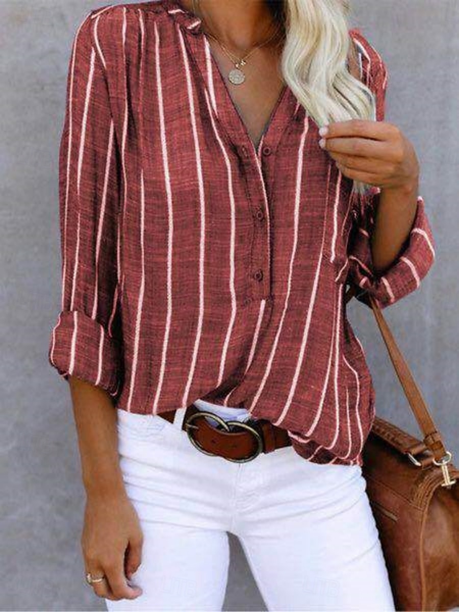 Dame Skjorte Bluse Stripet Stilfull Fritid Langermet Skjortekrage Vanlige topper Daglig Knapper Trykt mønster Hvit Kakifarget Grå Sommer Vår 2025 - $25.99 –P3