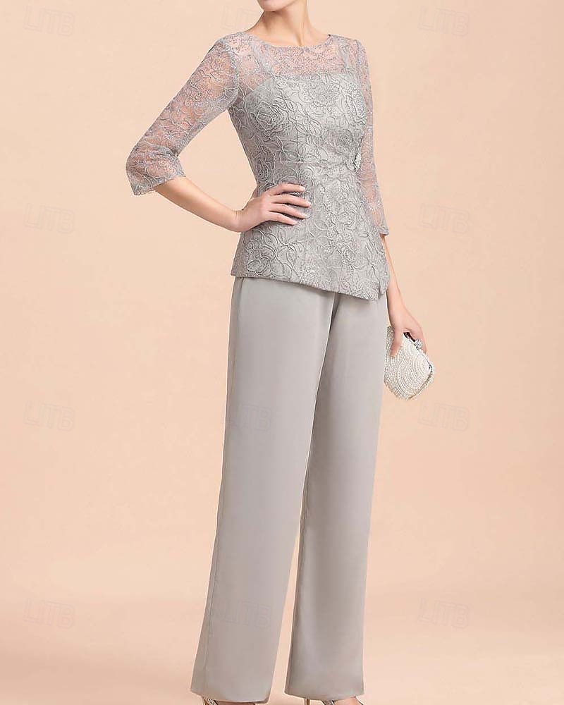 Jumpsuit / Pantsuit Mother of the Bride  Elegant Simple Jewel Neck Ankle Length Chiffon Lace 3/4 Length Sleeve Wrap Included with Pleats Beading Solid Color 2025 - $180.99 –P2