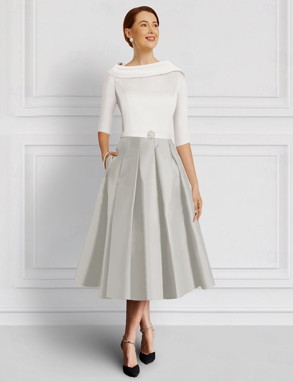 A-Line Dress Mother of the Bride Dress Elegant Vintage Jewel Neck Tea Length Satin 3/4 Length Sleeve with Crystal Brooch Color Block Race Day Dress 2025 - $140.99 –P1