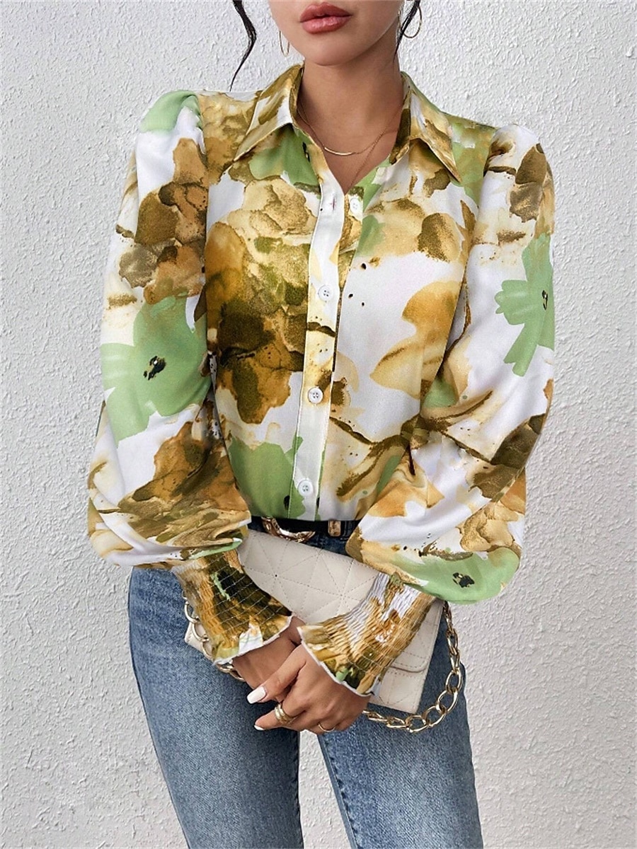 Damen Hemd Bluse Blumen Elegant damas Stilvoll Langarm Puffärmel Hemdkragen Normale Oberteile Arbeit Täglich Festtage Knopf Bedruckt Purpur Grün Frühling Herbst Winter 2025 - $29.99 –P7