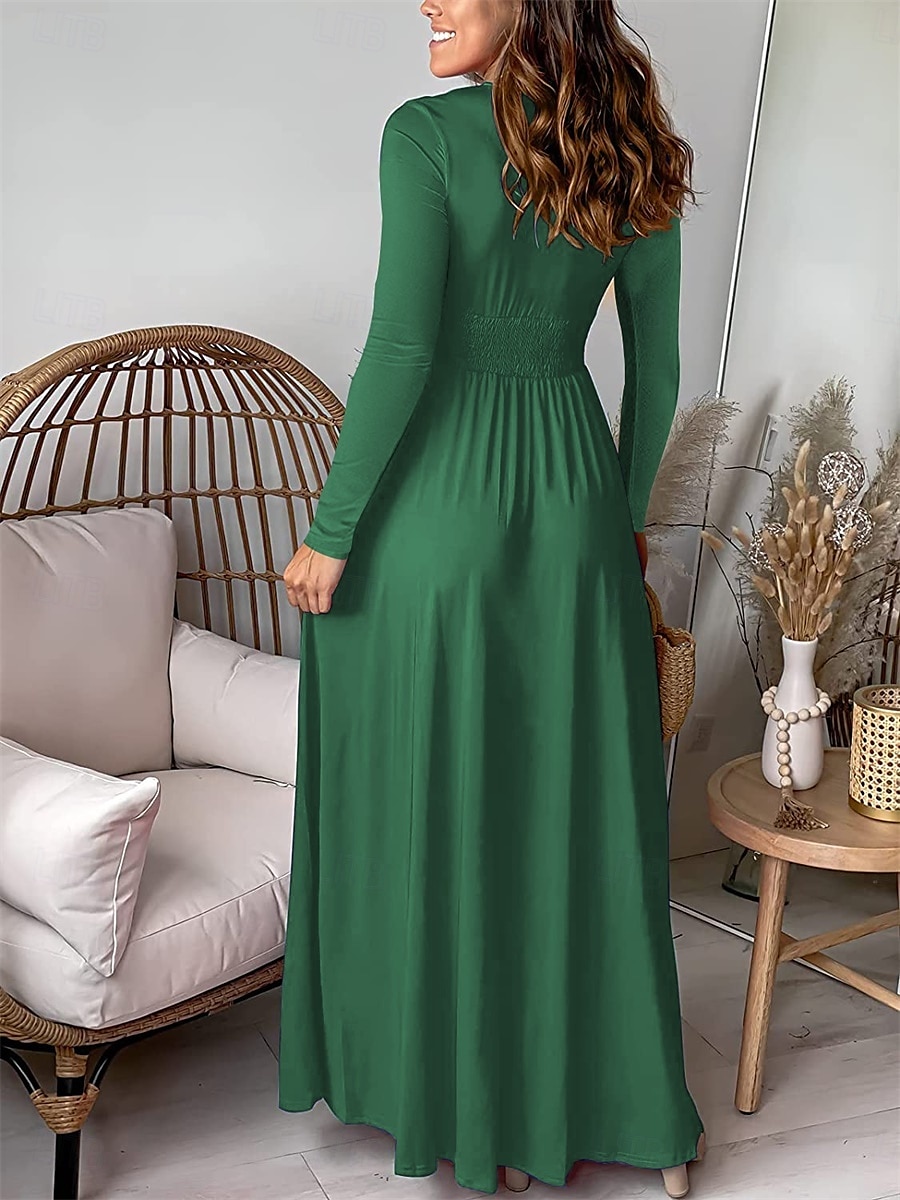 Women's Maxi Dress Party Dress Elegant Stylish Ethnic Vacation Party Daily Regular Fit Plain Long Sleeve V Neck Blue Green Spring Fall 2025 - $25.99 –P6