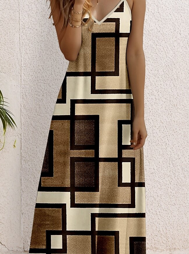 Women's Maxi Dress Casual Dress Sundress A Line Dress Casual Flowy Vacation Casual Daily Regular Fit Geometric Sleeveless V Neck Brown Summer Spring Fall 2025 - $34.99 –P3