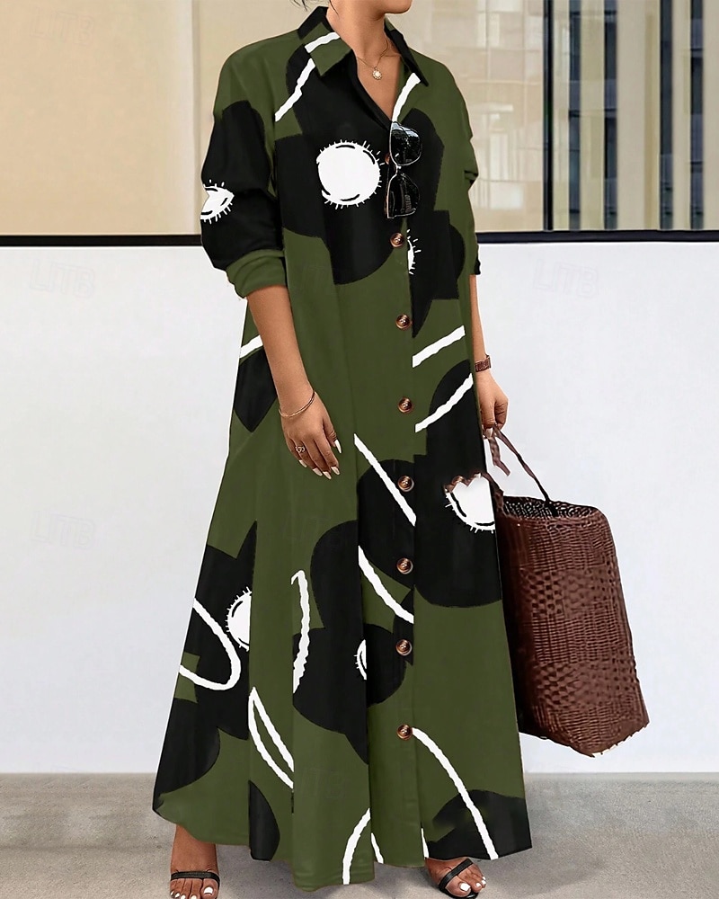 Women's Long Dress Maxi Dress Shirt Dress Casual Dress Summer Dress Stylish Casual Vacation Daily Date Regular Fit Floral Graphic Long Sleeve Lapel Black And White Black Blue Orange Summer Spring 2025 - $26.99 –P3