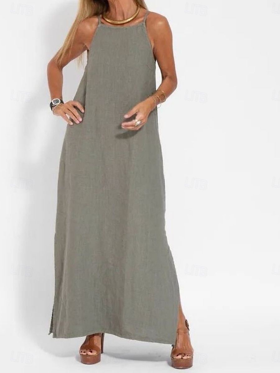 Per donna Abito maxi Abiti in cotone e lino Vestito Casual Abito Sottoveste Essenziale Casual Vacanza Quotidiano Vestibilità regolare Semplice Senza Maniche Spallina Bianco Verde militare Estate del 2025 a $22.99 –P4