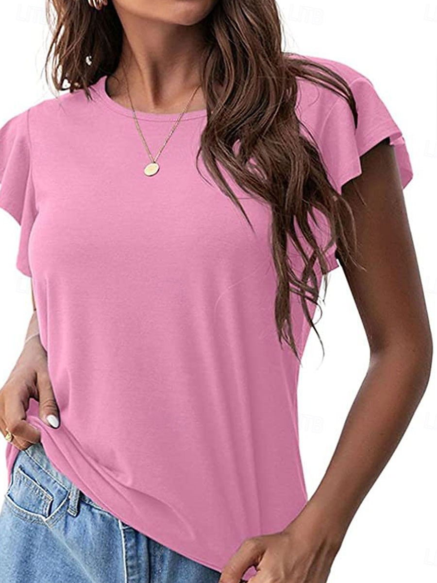 Women's T Shirt Plain Fashion Modern Casual Short Sleeve Crew Neck Regular Tops Daily Weekend Ruffle Black Pink Gray Summer Spring 2025 - $21.99 –P6