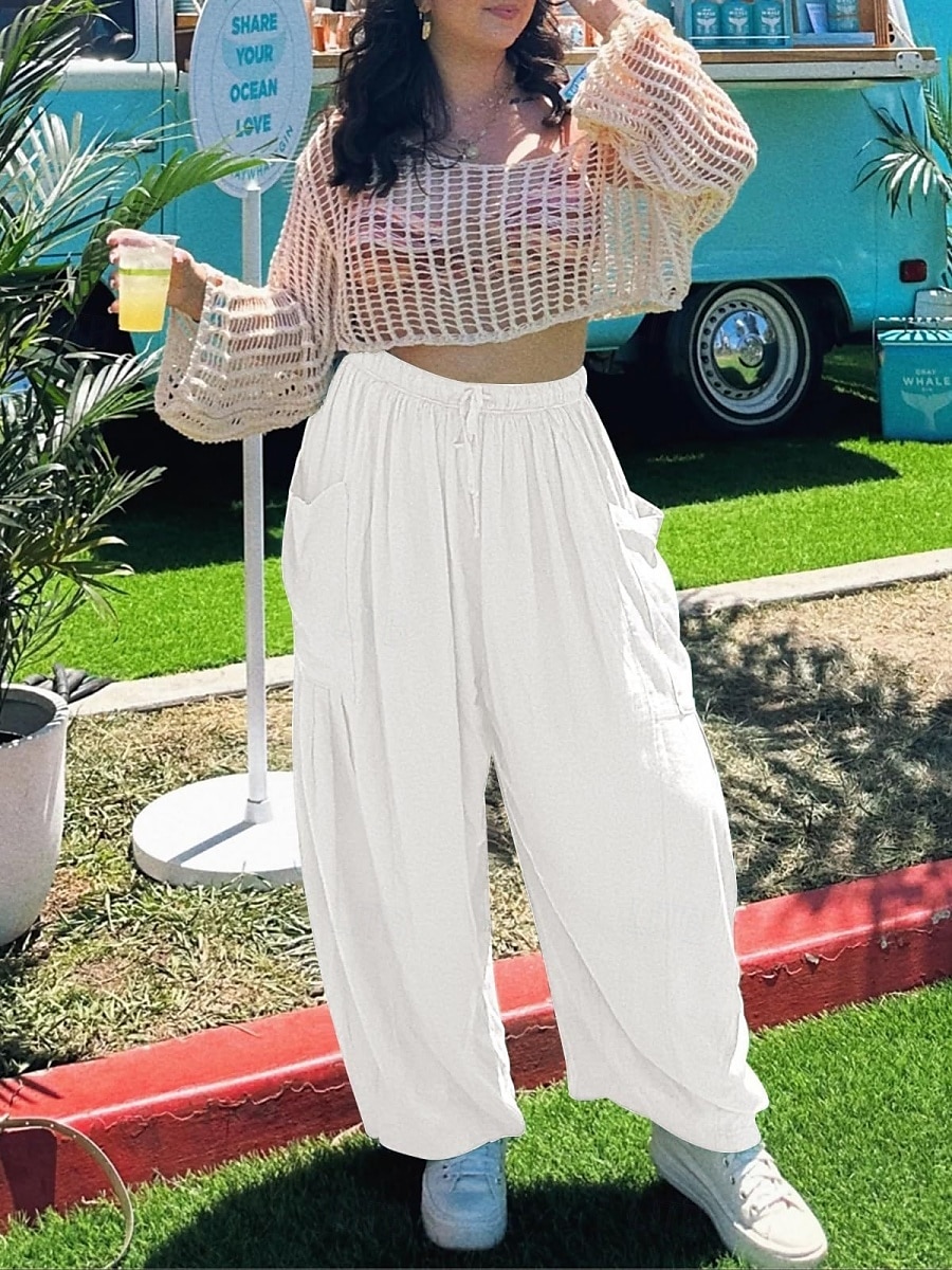 Women's Wide Leg Chinos Basic Full Length High Waist Plain Pocket Elastic Waistband Comfy Soft Comfortable Micro-elastic Outdoor Street White Khaki Summer Spring Regular Fit 2025 - $24.99 –P6