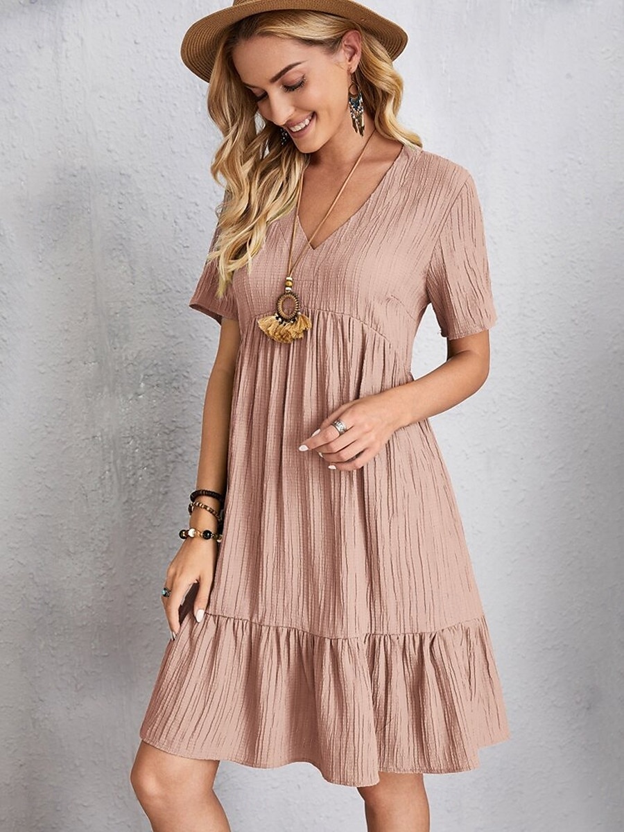 abito da lavoro da donna abito casual abito a trapezio elegante da ufficio quotidiano abito lungo abito lungo patchwork scollo a V manica corta tinta unita vestibilità regolare nero rosa rosso estate del 2025 a $21.99 –P15