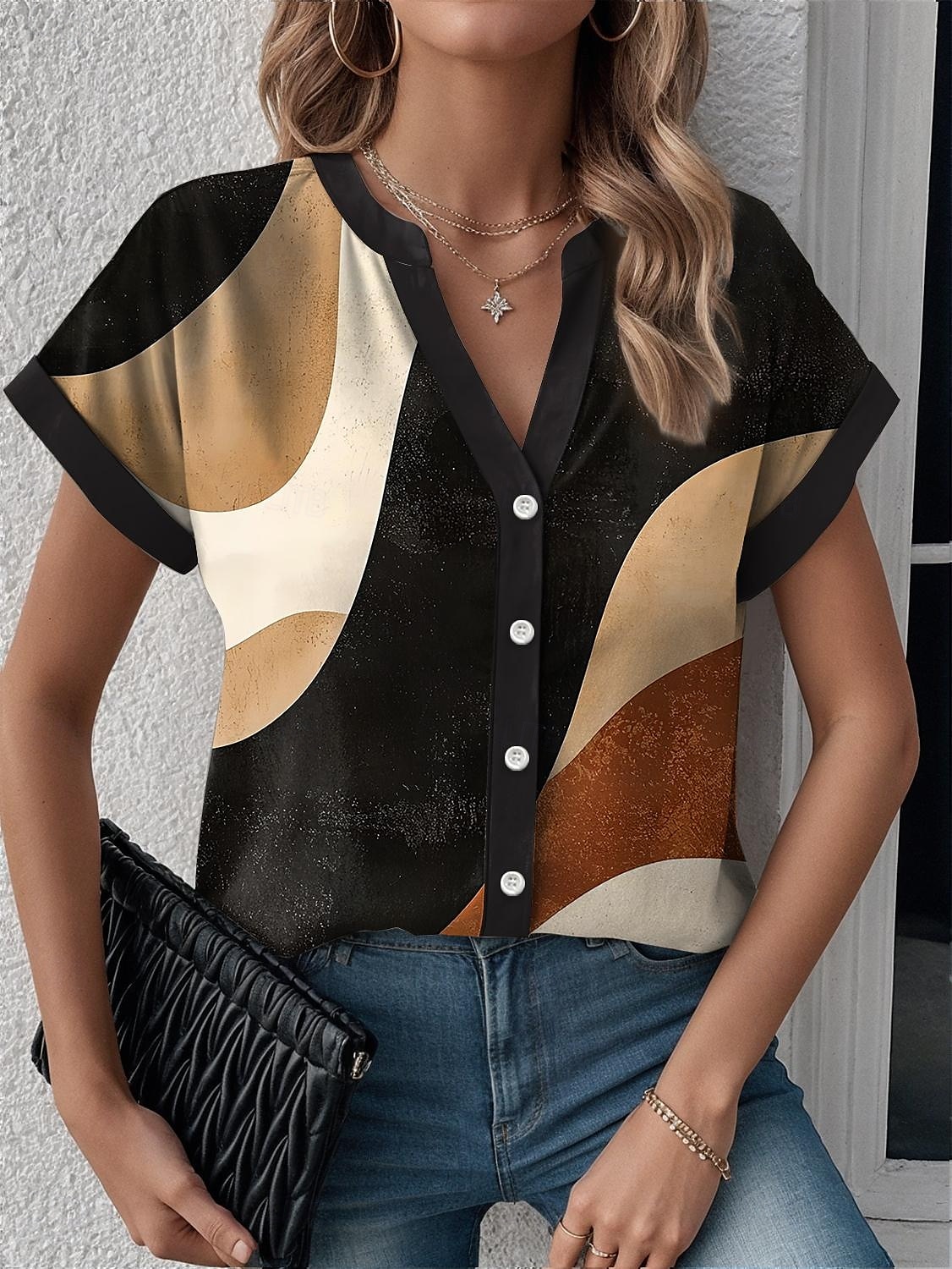Damen Hemd geometrisch Blockfarben modern lässig kurzärmlig mit Ausschnitt reguläre Tops Arbeit täglich Knöpfe Druck schwarz Sommer Frühling 2025 - $29.99 –P1