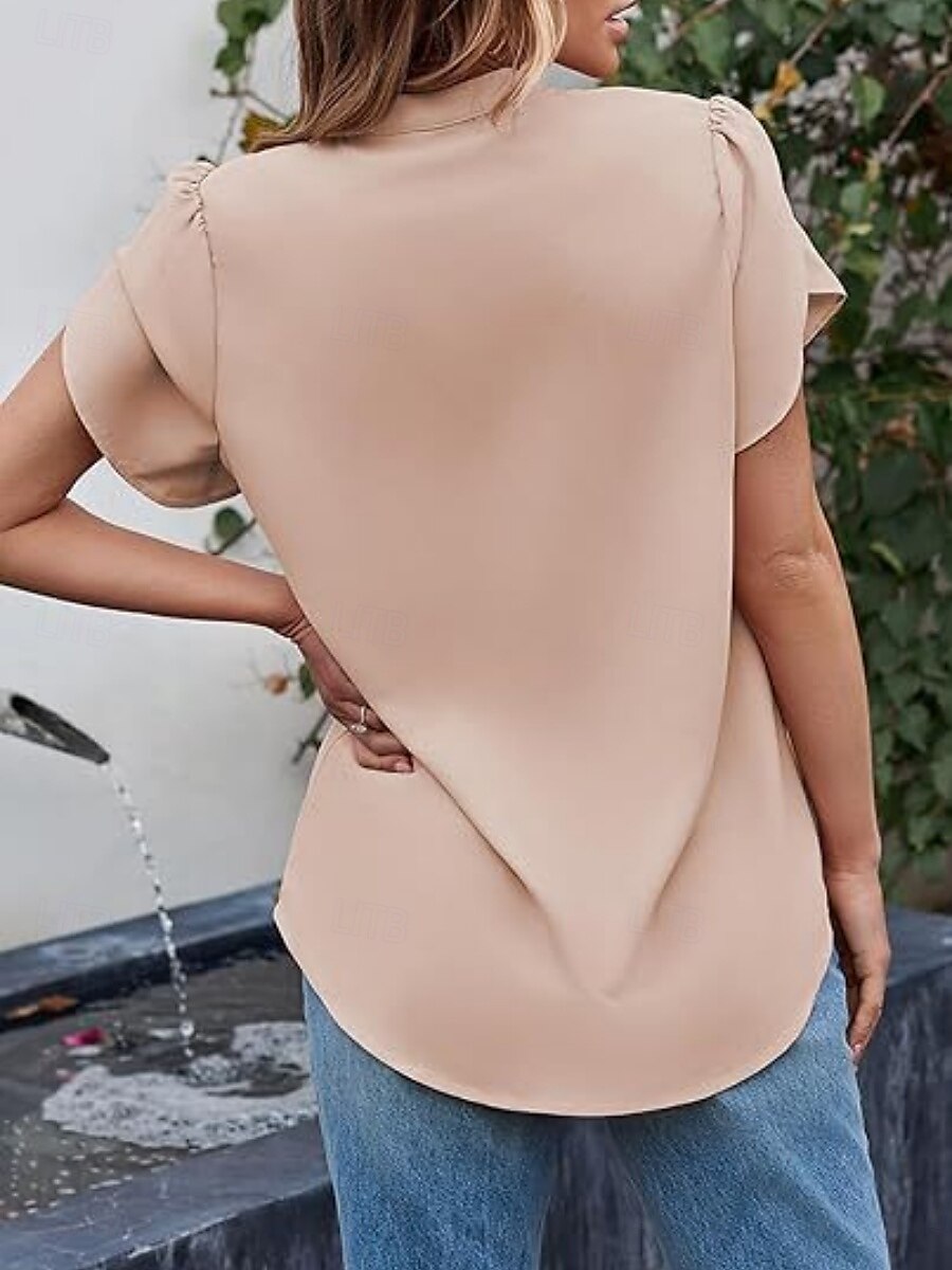 Dames Overhemd Blouse Effen Kleur Basic Casual Korte mouw Gekerfde nek Normale tops Dagelijks Blozend Roze Groen Zomer 2025 - $26.99 –P2