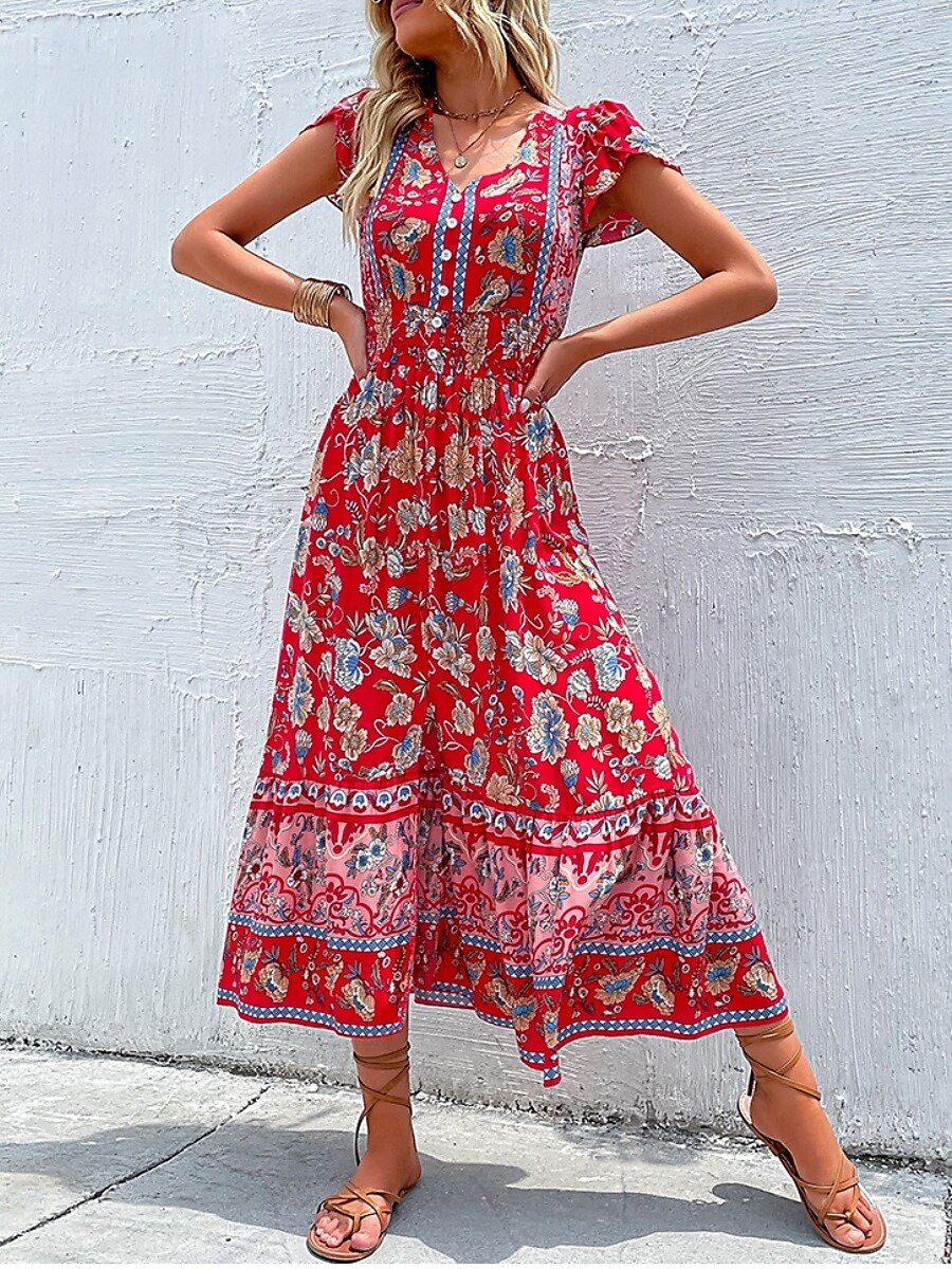 Dam Maxiklänning Vardagsklänning Swingklänning Boho Chic klänningar A linjeklänning bohemliv Stylish Ledigt Semester Dagligen Strand Lös passning Blommig Kortärmad V-hals Svart Rubinrött Sommar Vår 2025 - $33.99 –P6