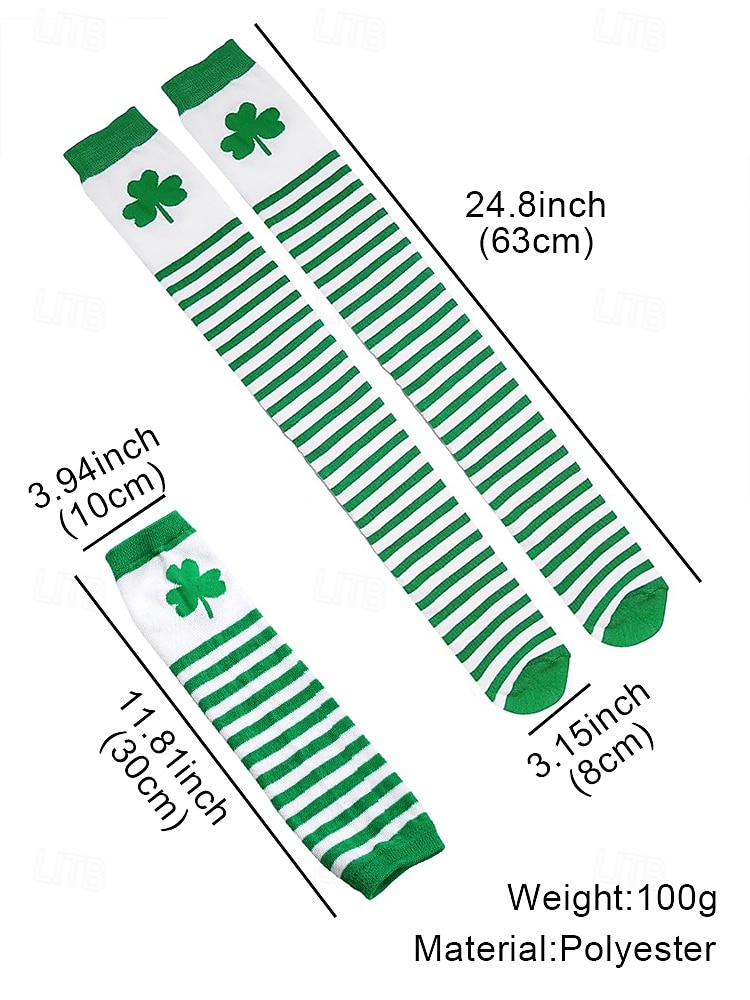 St. Patrick's Day Green and White Striped Knee-High Socks and Fingerless Gloves Set with Shamrock Design, Festive Accessories for Women, Perfect for Holiday Celebrations and Costume Parties 2025 - $9.99 –P5