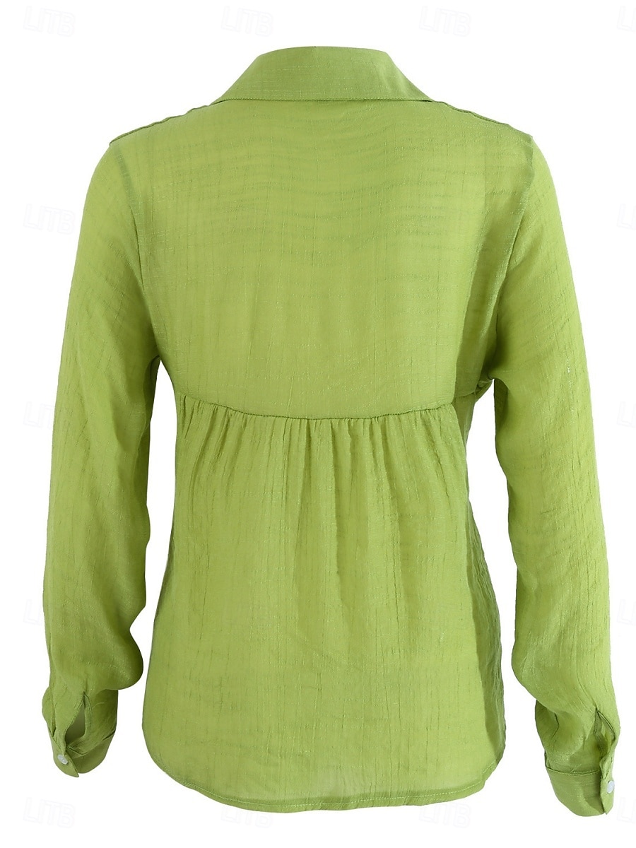 Women's Shirt Cotton Linen Shirts Button Up Blouse Solid Color Basic Casual Long Sleeve Shirt Collar Regular Tops Daily Buttons Yellow Green Summer Spring 2025 - GBP £21.99 –P2